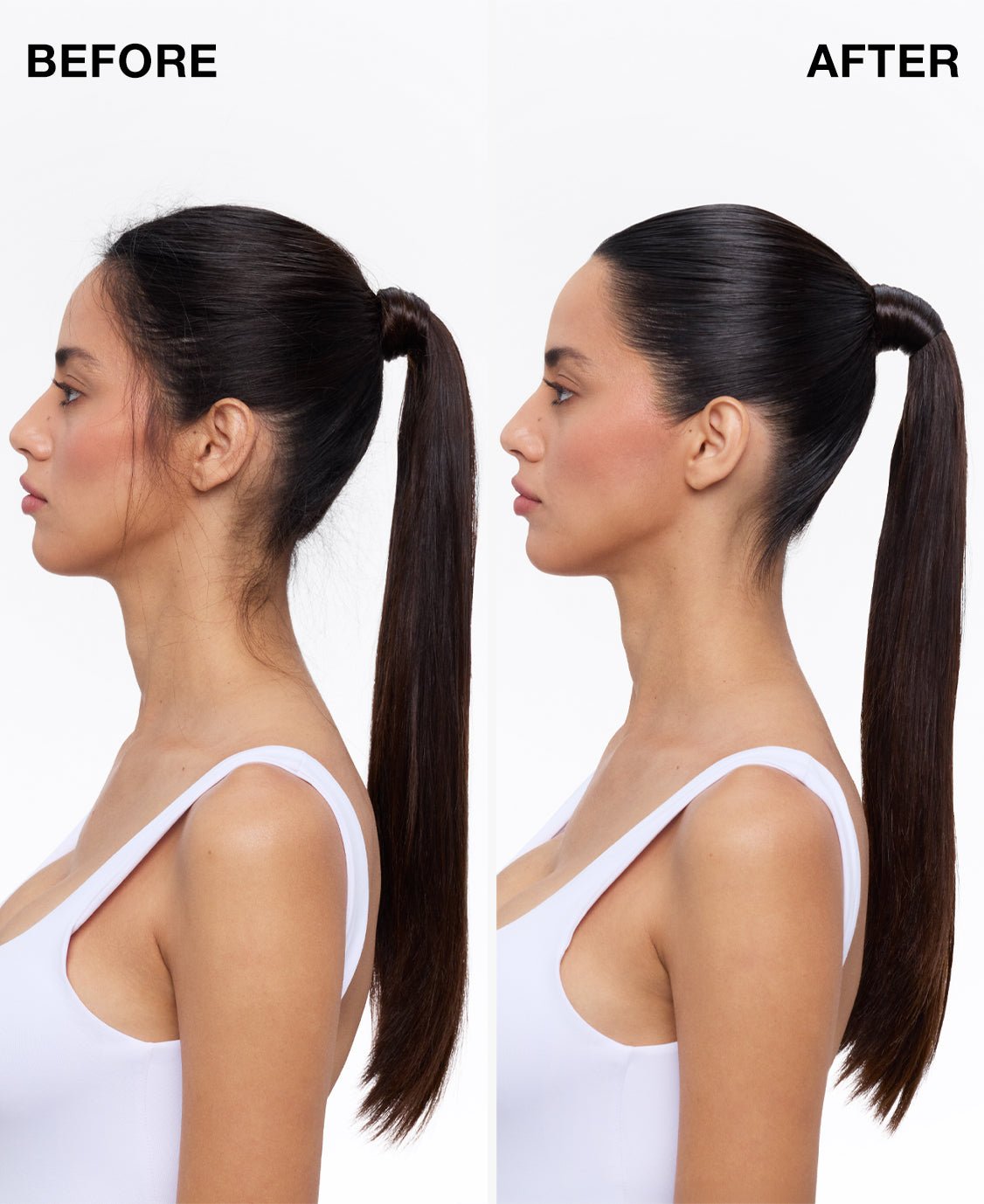 Before and after comparison of a woman with a ponytail on a white background