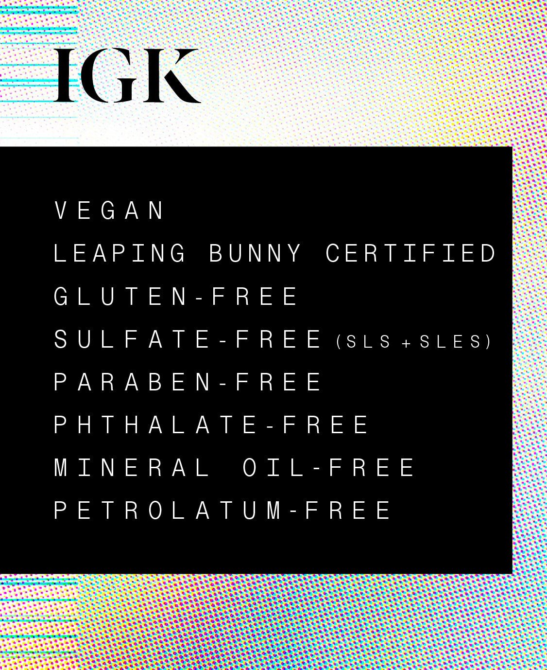 List of product certifications on a black background with 'IGK' branding.