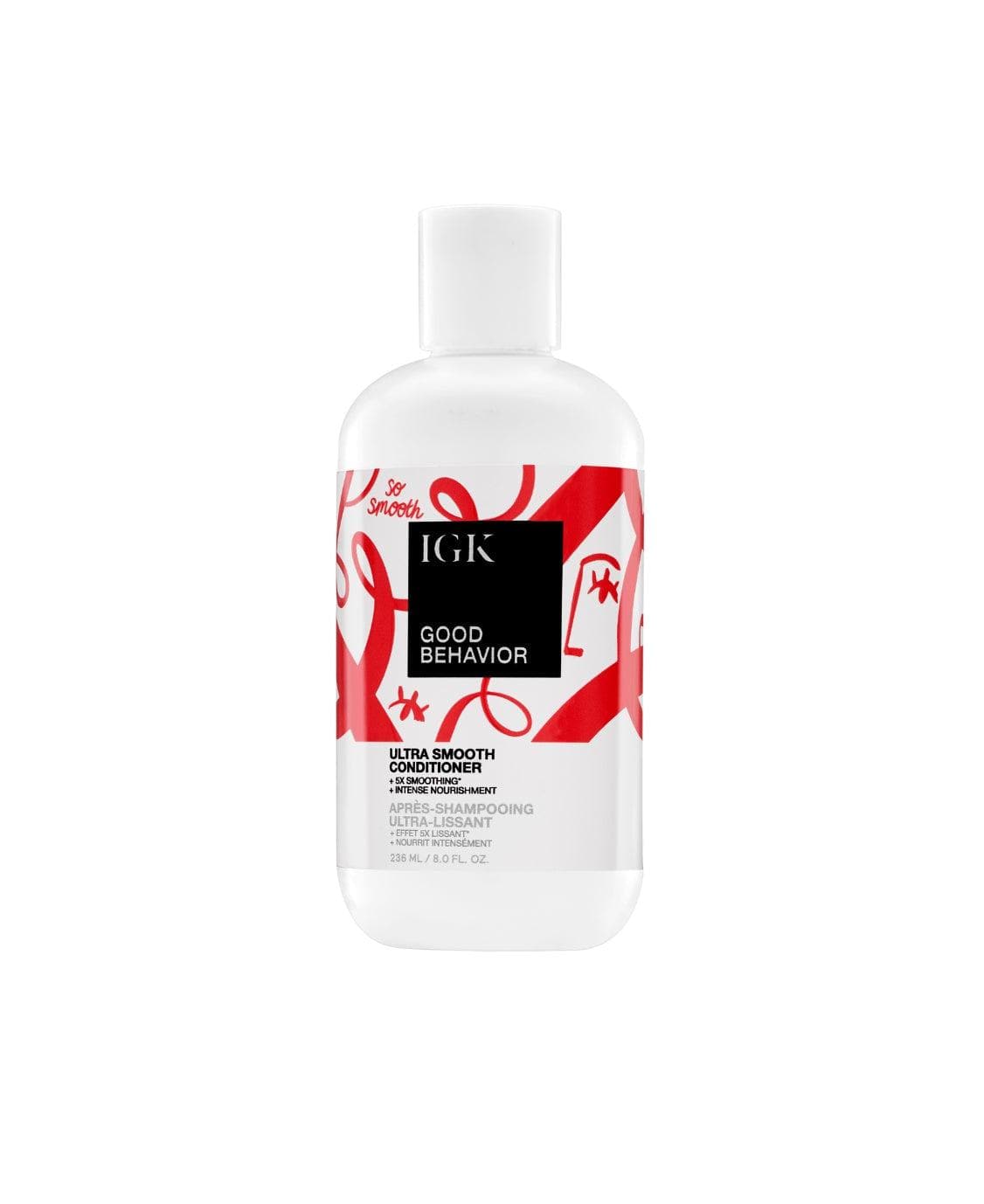 a white bottle with red and white design