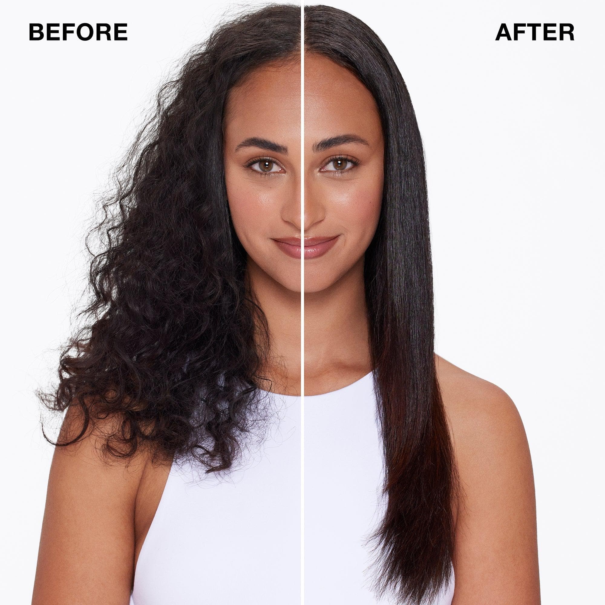 a woman with long hair before and after