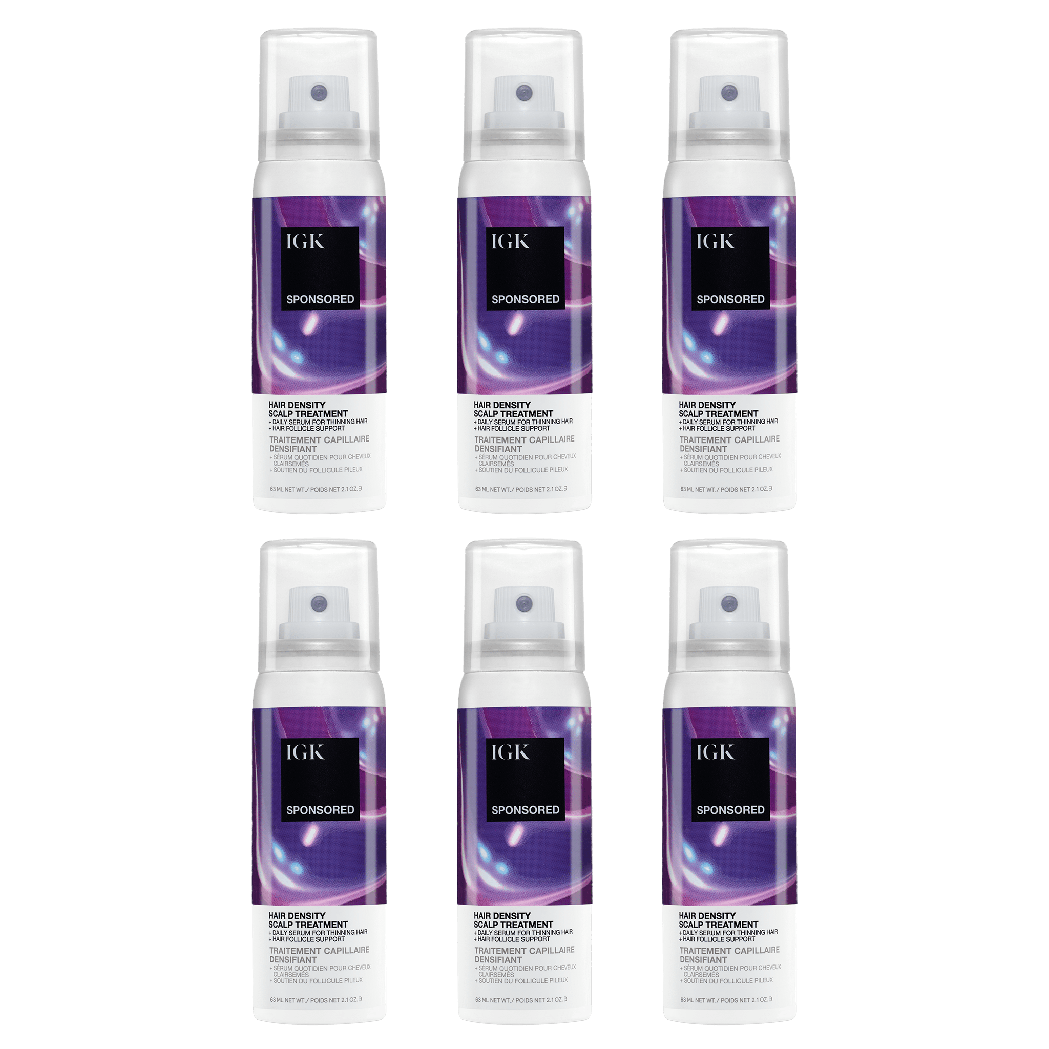 Six bottles of IGK Hair Density Scalp Treatment spray.