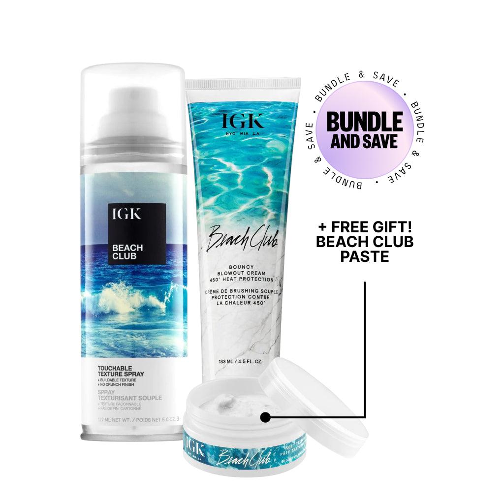 Igk Beach Club Bouncy Blowout Cream 4.5 oz, Rich Kid Coconut Oil Air Dry Styler 5 oz, & Beach Club Volumizing Texture Spray 5 oz